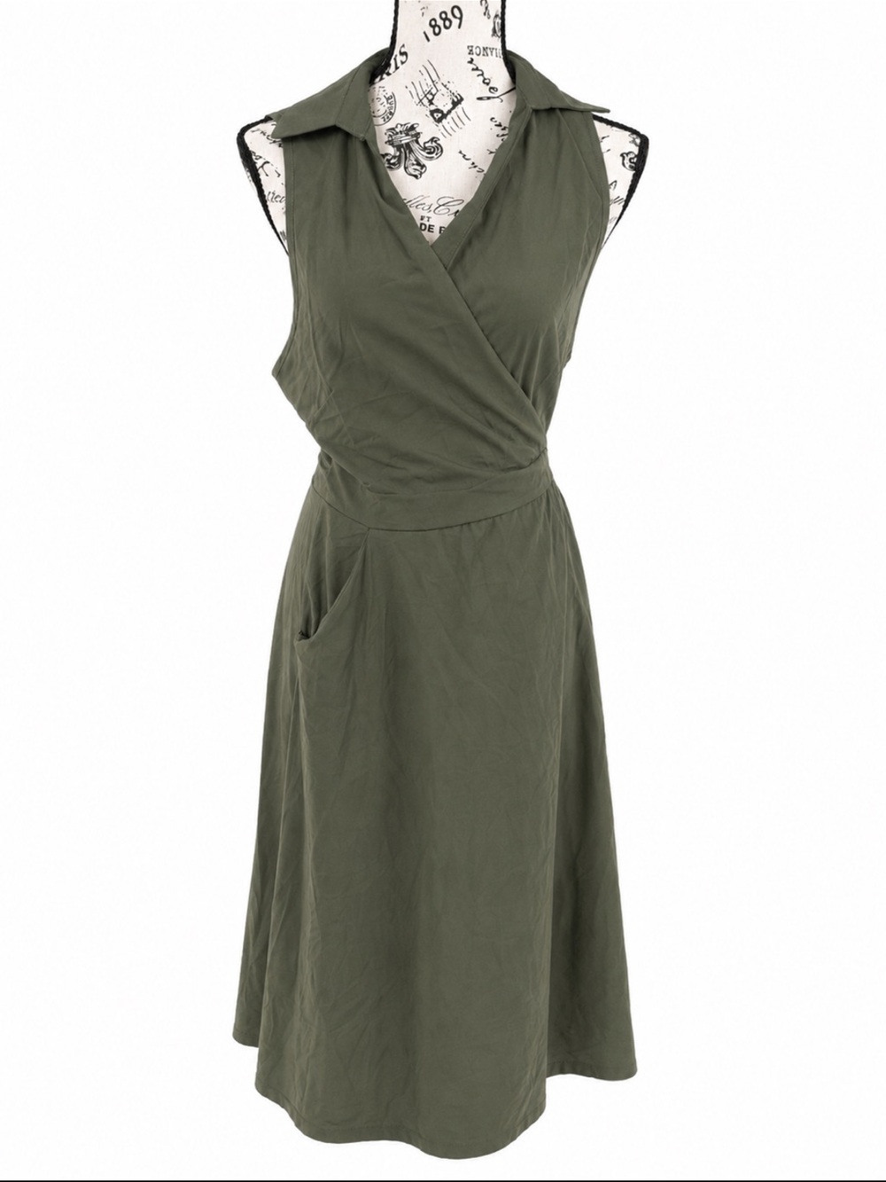 CBR NWT Olive Green Sleeveless Faux Wrap Midi Dress Pockets XL